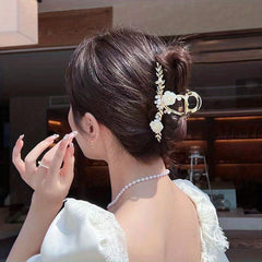 Leaf Shape Metal Hair Claw Rose And Faux Pearl Shark Claw Head Jewelry