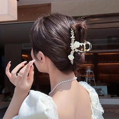 Leaf Shape Metal Hair Claw Rose And Faux Pearl Shark Claw Head Jewelry