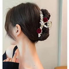 Leaf Shape Metal Hair Claw Rose And Faux Pearl Shark Claw Head Jewelry