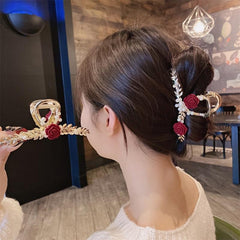 Leaf Shape Metal Hair Claw Rose And Faux Pearl Shark Claw Head Jewelry