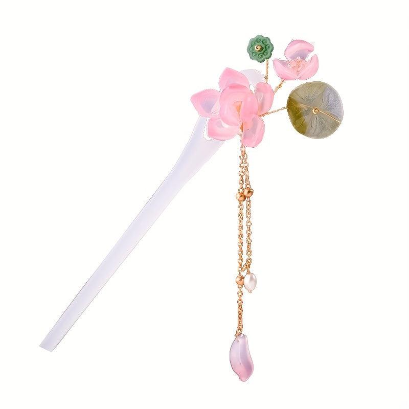 Chinese Style Flower Hairpin with Tassel Ponytail Holder