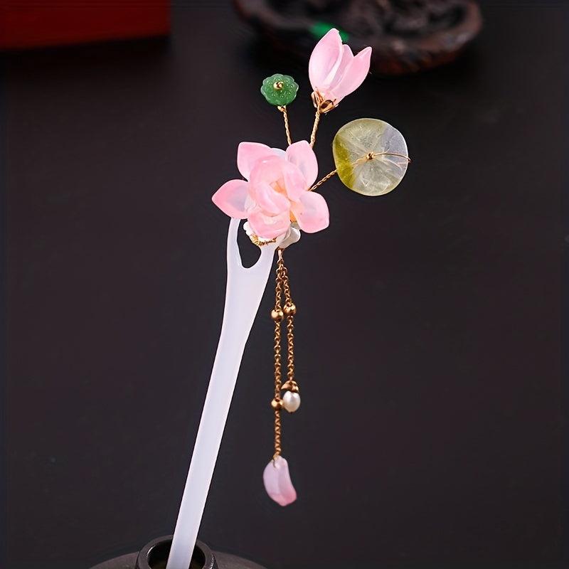 Chinese Style Flower Hairpin with Tassel Ponytail Holder