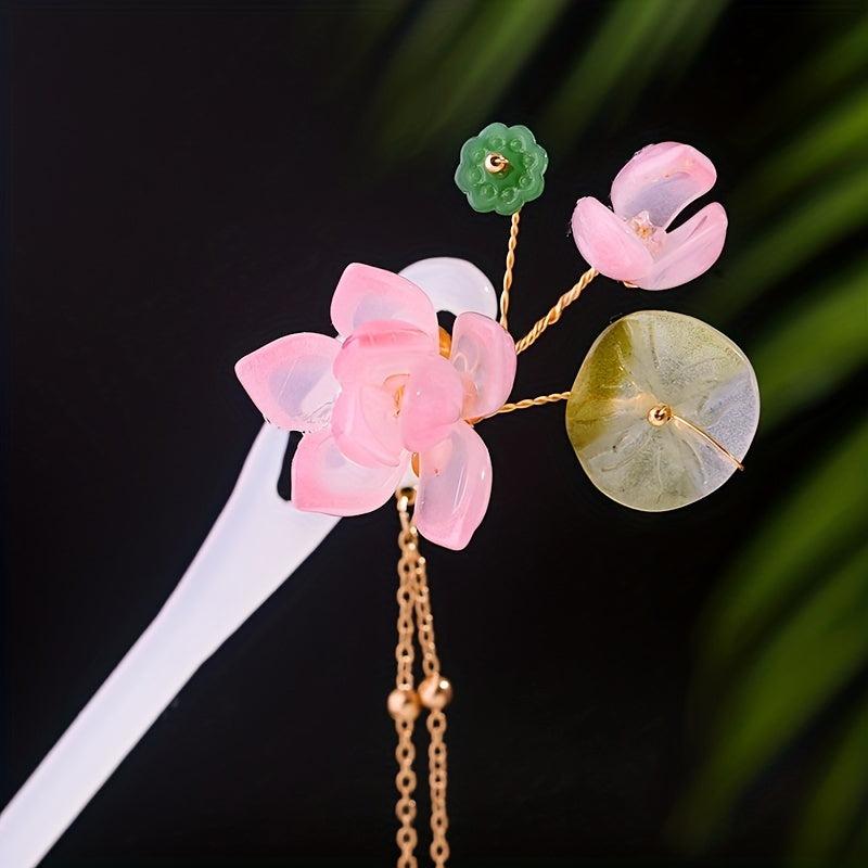 Chinese Style Flower Hairpin with Tassel Ponytail Holder