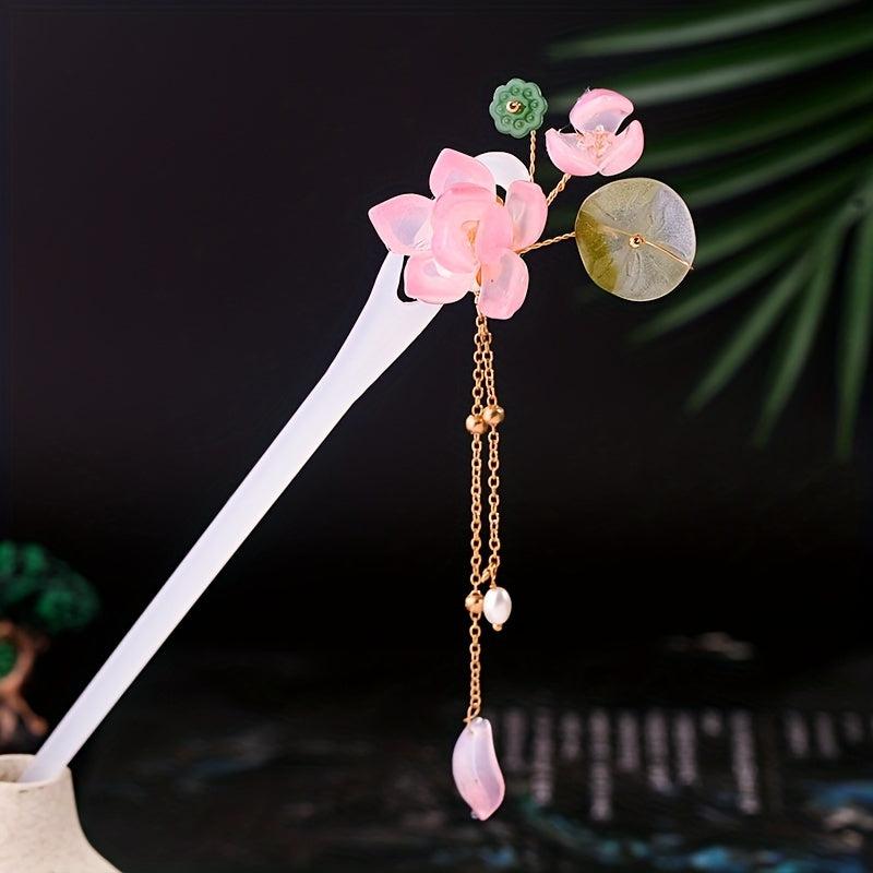 Chinese Style Flower Hairpin with Tassel Ponytail Holder
