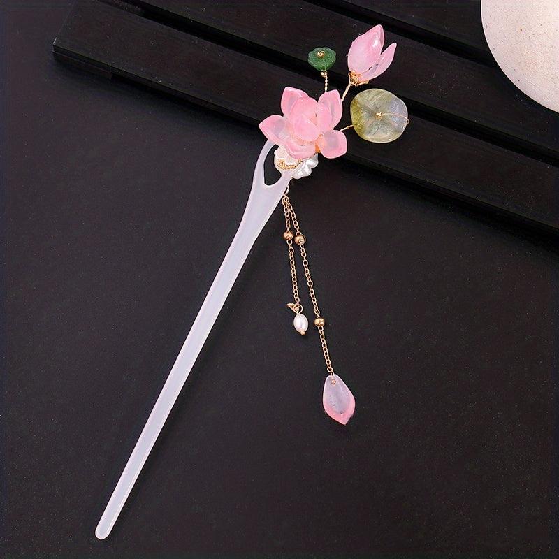 Chinese Style Flower Hairpin with Tassel Ponytail Holder