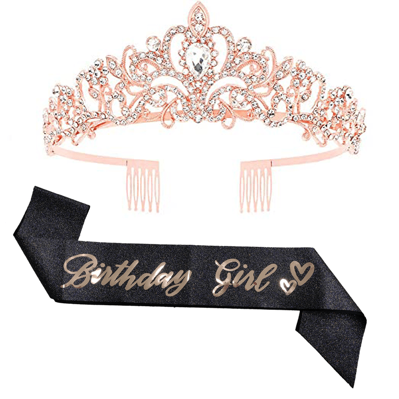 2pcs Birthday Crown Sash Rhinestone Tiara Glitter Fabric Lettered Ribbon