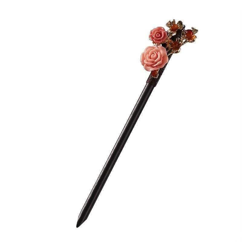 Wooden Flower Hairpin Chinese Style Hair Stick Ponytail Holder