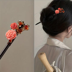 Wooden Flower Hairpin Chinese Style Hair Stick Ponytail Holder