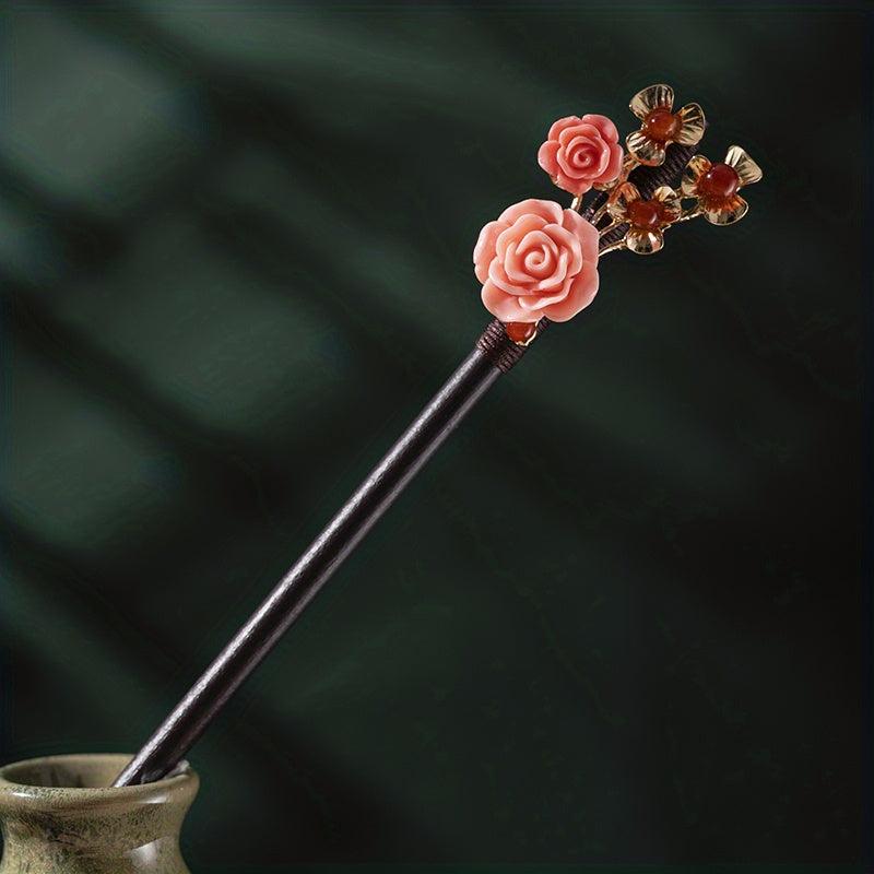Wooden Flower Hairpin Chinese Style Hair Stick Ponytail Holder