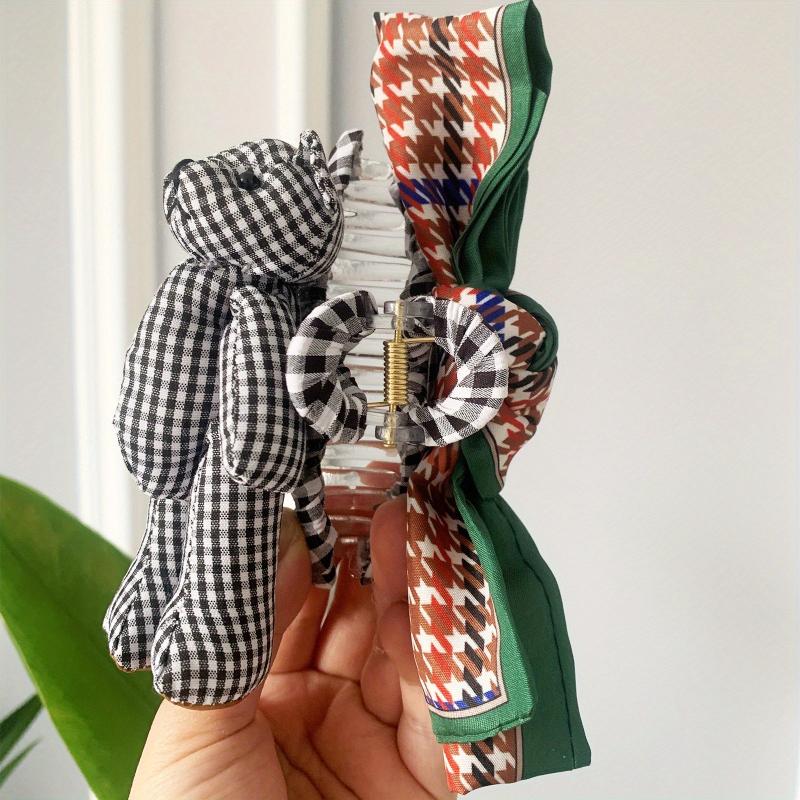 Bear Doll Hair Claw Clip Houndstooth Bow Non Slip Grip Hair Jaw Clip