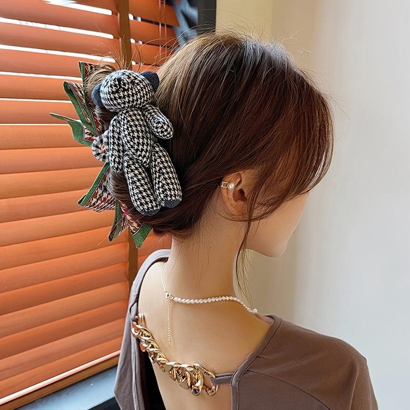 Bear Doll Hair Claw Clip Houndstooth Bow Non Slip Grip Hair Jaw Clip