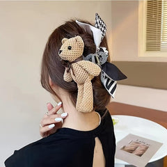 Bear Doll Hair Claw Clip Houndstooth Bow Non Slip Grip Hair Jaw Clip