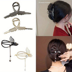 4pcs Rhinestone Shark Claw Fishtail Hair Clip with Pearl Pendant