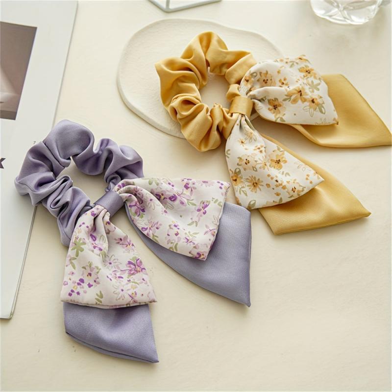 Floral Bow Hair Tie Scrunchie Ponytail Band Hair Accessories