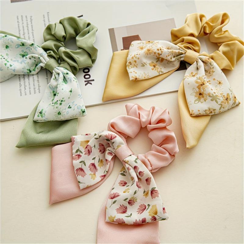Floral Bow Hair Tie Scrunchie Ponytail Band Hair Accessories