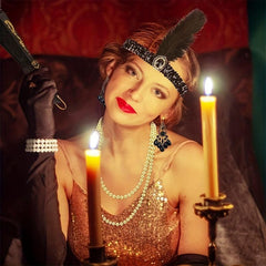 Flapper Accessories Set Feather Headband Gloves Necklace Earrings Fan