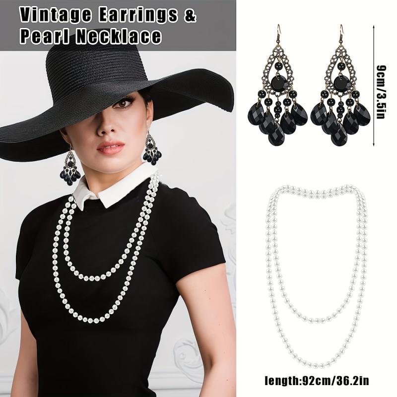 Flapper Accessories Set Feather Headband Gloves Necklace Earrings Fan