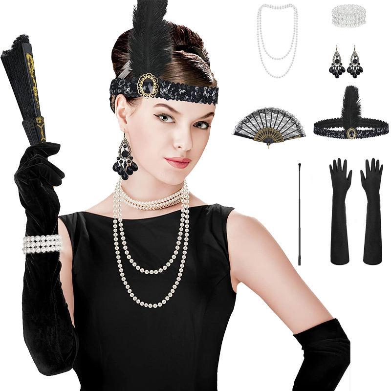 Flapper Accessories Set Feather Headband Gloves Necklace Earrings Fan
