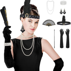 Flapper Accessories Set Feather Headband Gloves Necklace Earrings Fan