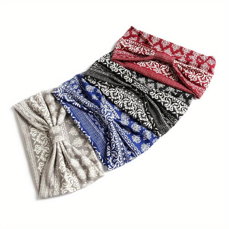 4pcs Boho Paisley Print Headband Stretchy Headdress Criss Cross Hair Band