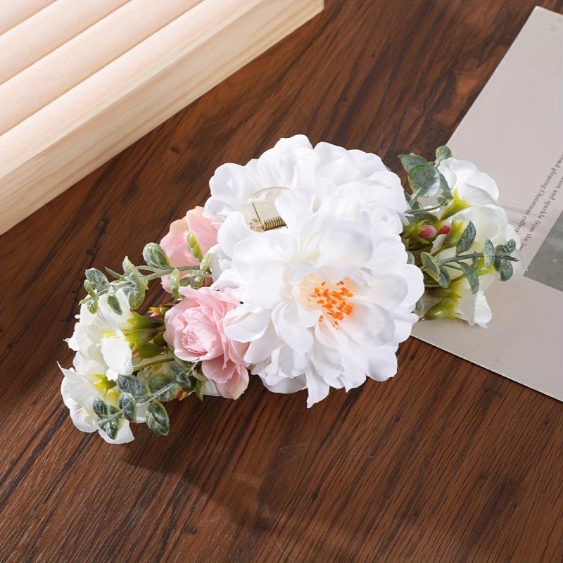 Flower Hair Claw Clip Leaf Decor Bridal Ponytail Holder