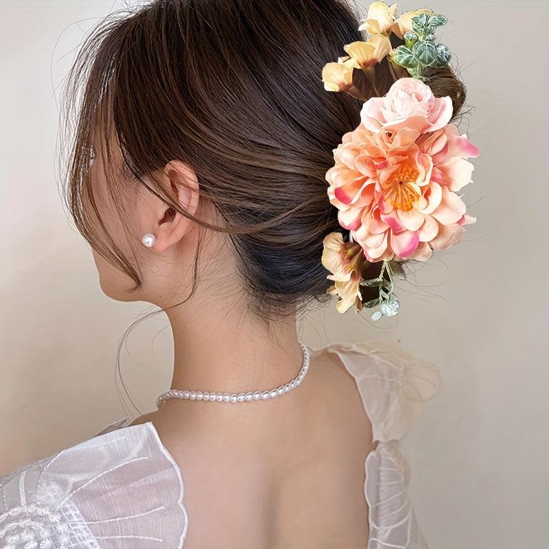 Flower Hair Claw Clip Leaf Decor Bridal Ponytail Holder