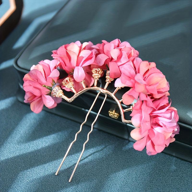 Chinese Silk Flower Headdress Nine Hole Row Hairpin