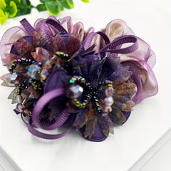 Vintage Beaded Flower Hair Tie Organza Hair Rope Elastic Ponytail Holder