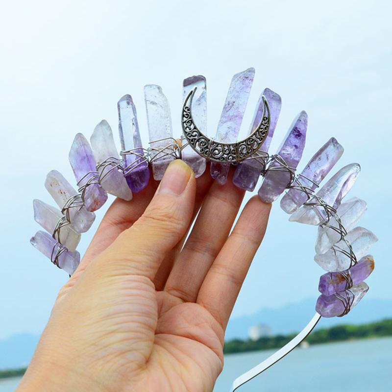 Amethyst Crystal Crown Headband Quartz Tiara Moon Goddess Bridal Headpiece