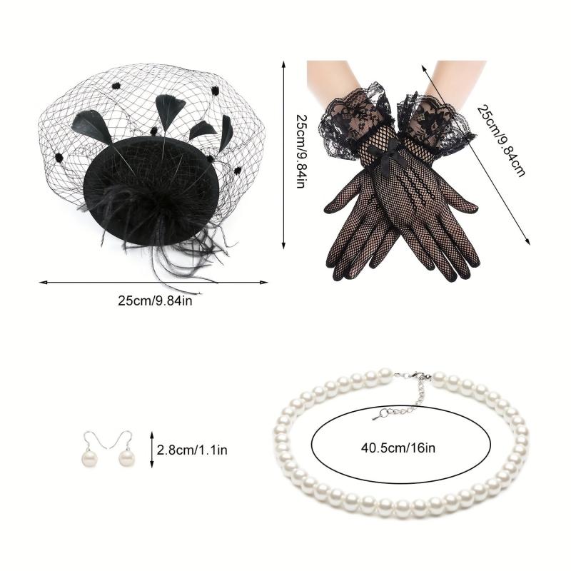 Vintage Veil Fascinator Lace Gloves Necklace Set