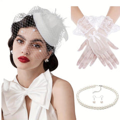 Vintage Veil Fascinator Lace Gloves Necklace Set