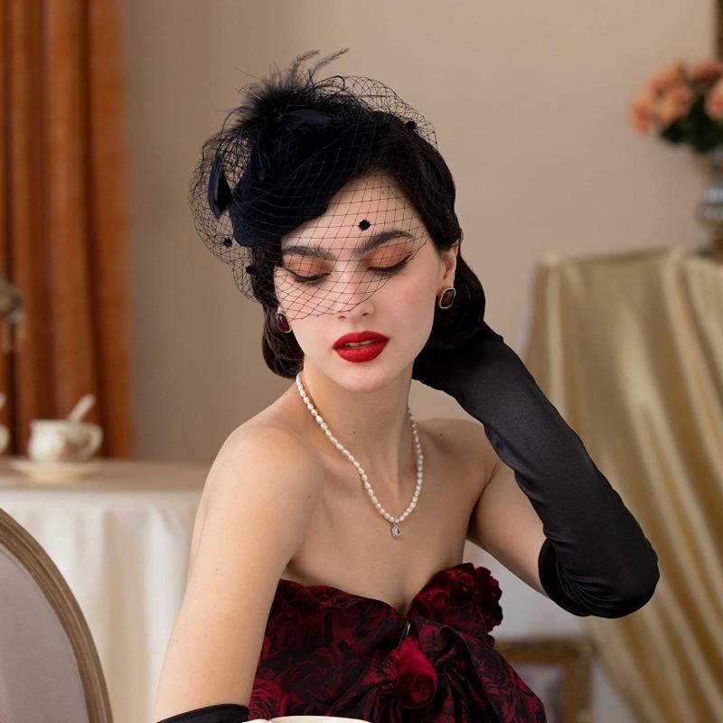 Vintage Veil Fascinator Lace Gloves Necklace Set