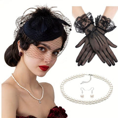 Vintage Veil Fascinator Lace Gloves Necklace Set