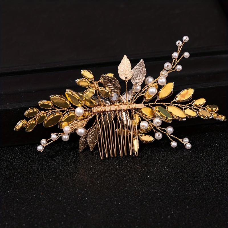 Faux Pearl Rhinestone Leaf Hair Comb Wedding Accessories