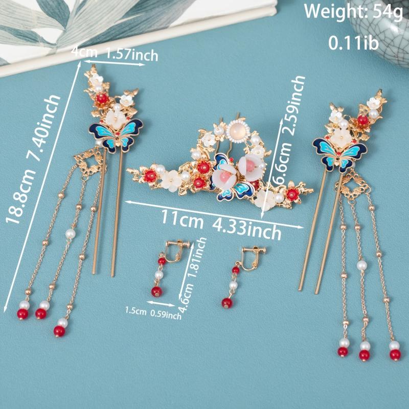 4pcs Butterfly Hairpin Earrings Set Flower Hair Accessories Women's Chinese Styl