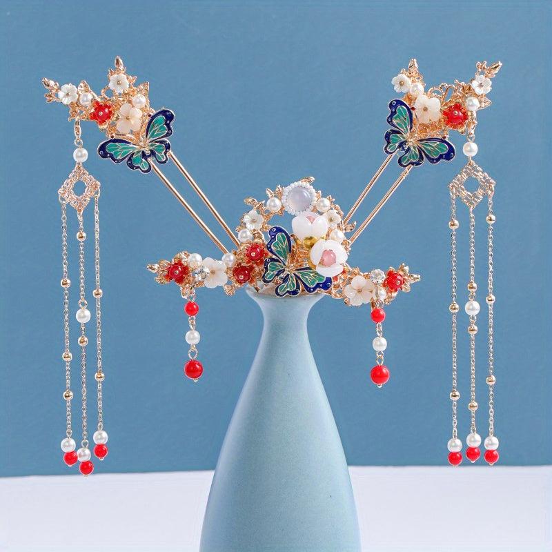4pcs Butterfly Hairpin Earrings Set Flower Hair Accessories Women's Chinese Styl