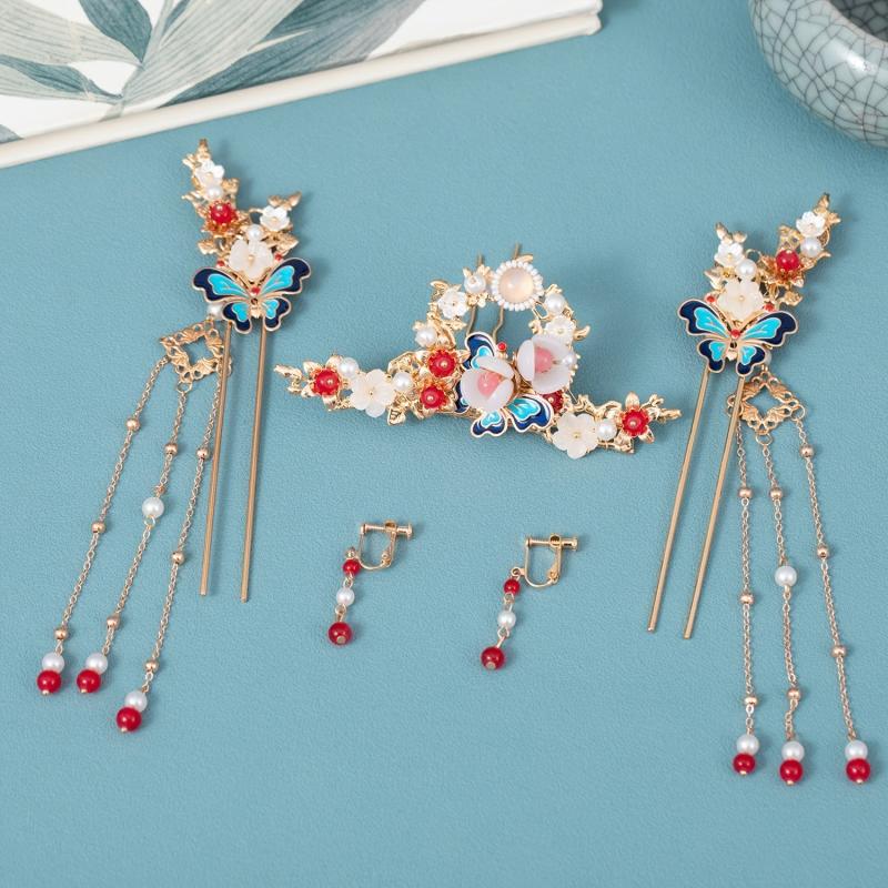 4pcs Butterfly Hairpin Earrings Set Flower Hair Accessories Women's Chinese Styl