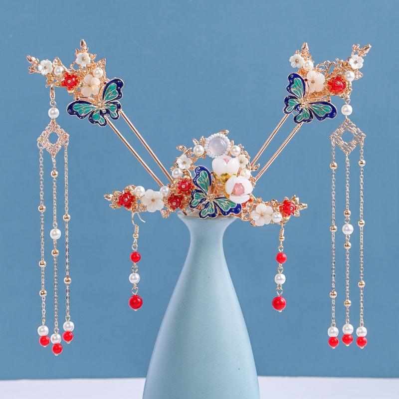 4pcs Butterfly Hairpin Earrings Set Flower Hair Accessories Women's Chinese Styl