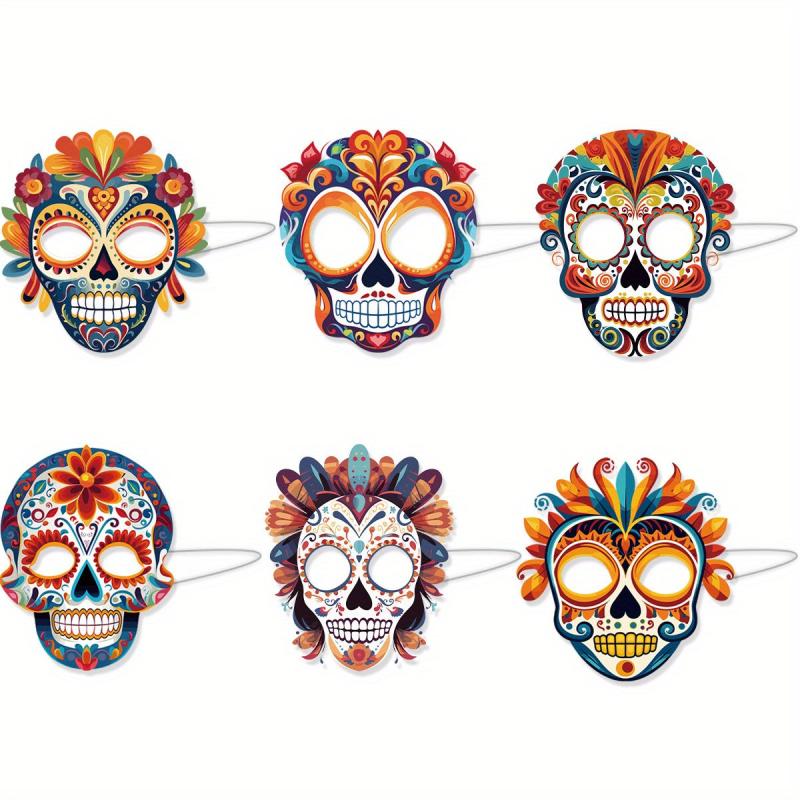 6pcs Mexican Style Masks Party Floral Design Skull Mask Accessories
