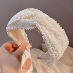 Faux Pearl Headband Wide Cloth for Women Girls