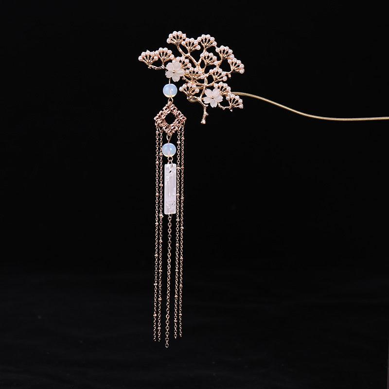 Vintage Chinese Style Hanfu Hairpin with Faux Pearl Flower Leaf Tassel
