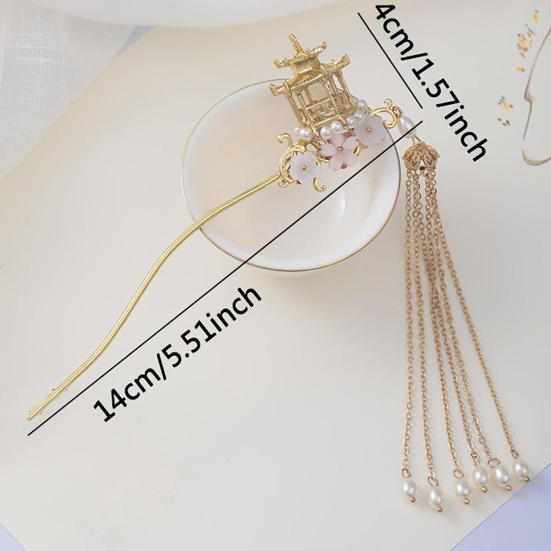 Vintage Chinese Style Hanfu Hairpin with Faux Pearl Flower Leaf Tassel