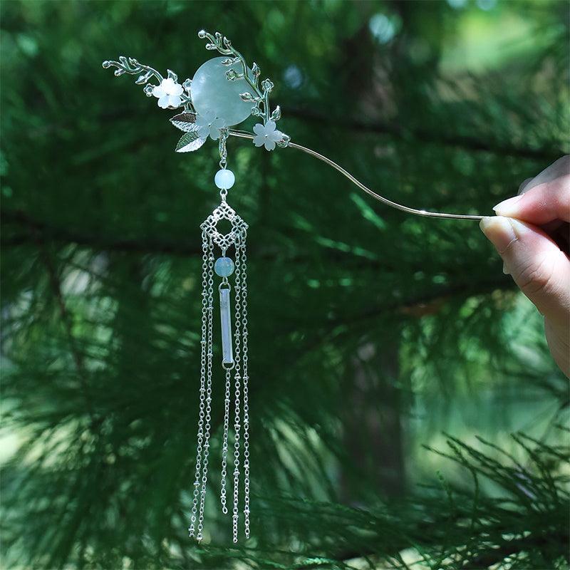 Vintage Chinese Style Hanfu Hairpin with Faux Pearl Flower Leaf Tassel