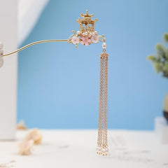 Vintage Chinese Style Hanfu Hairpin with Faux Pearl Flower Leaf Tassel