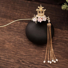 Vintage Chinese Style Hanfu Hairpin with Faux Pearl Flower Leaf Tassel