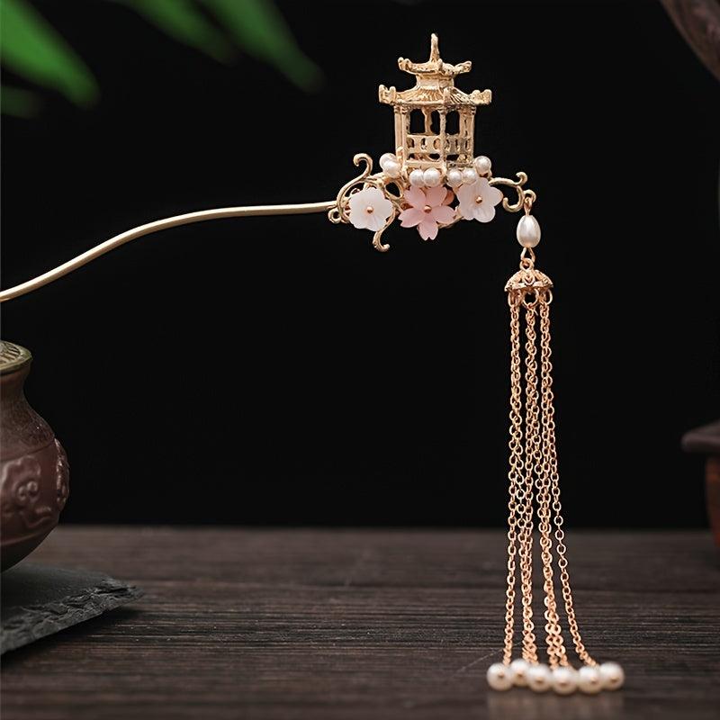 Vintage Chinese Style Hanfu Hairpin with Faux Pearl Flower Leaf Tassel