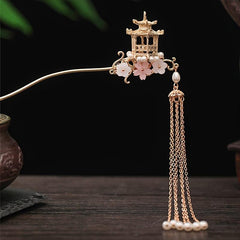 Vintage Chinese Style Hanfu Hairpin with Faux Pearl Flower Leaf Tassel