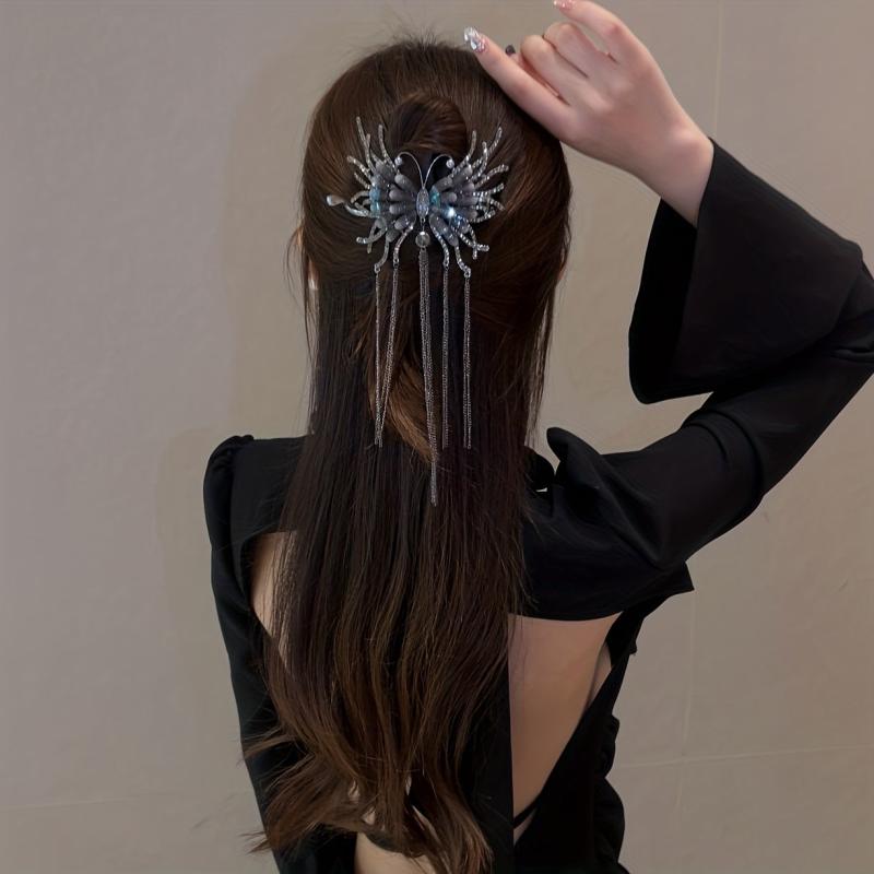Crystal Butterfly Hair Claw with Chain Tassel Glitter Hair Claw