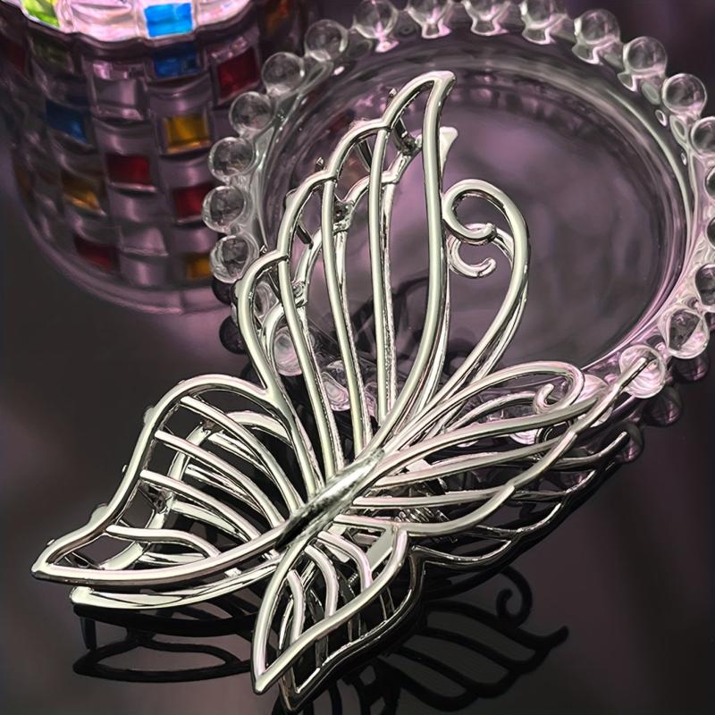 Large Silver Butterfly Hair Claw Barrette for Girls and Ladies