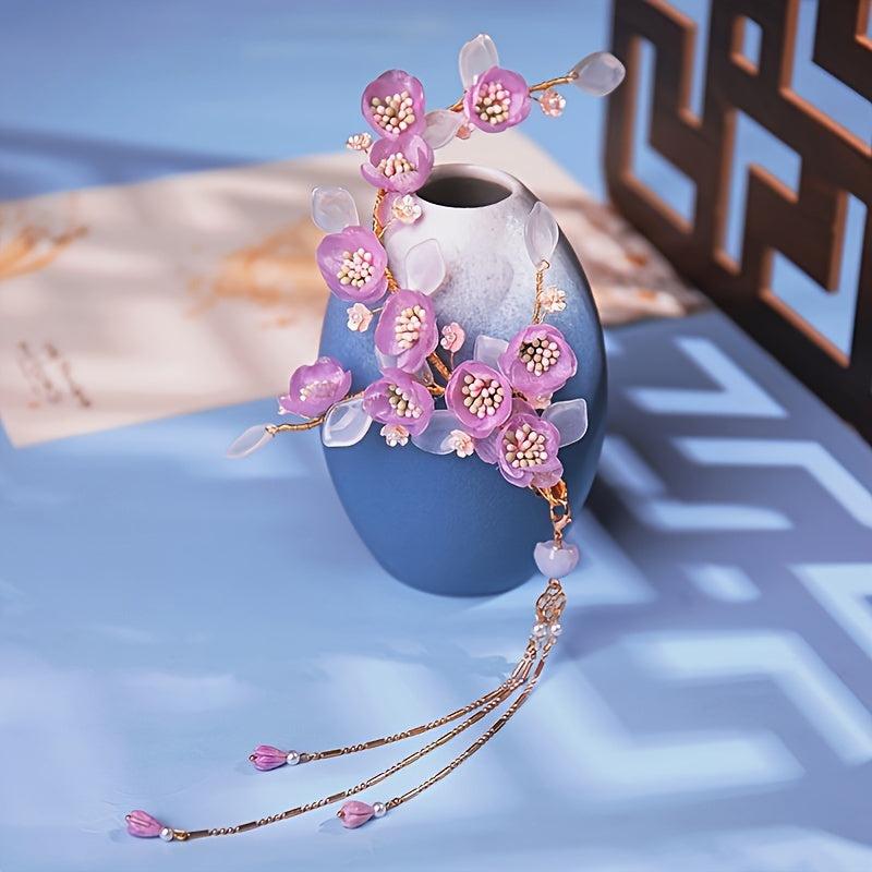 Purple Flower Hairpin Tassel Edge Clip Hanfu Head